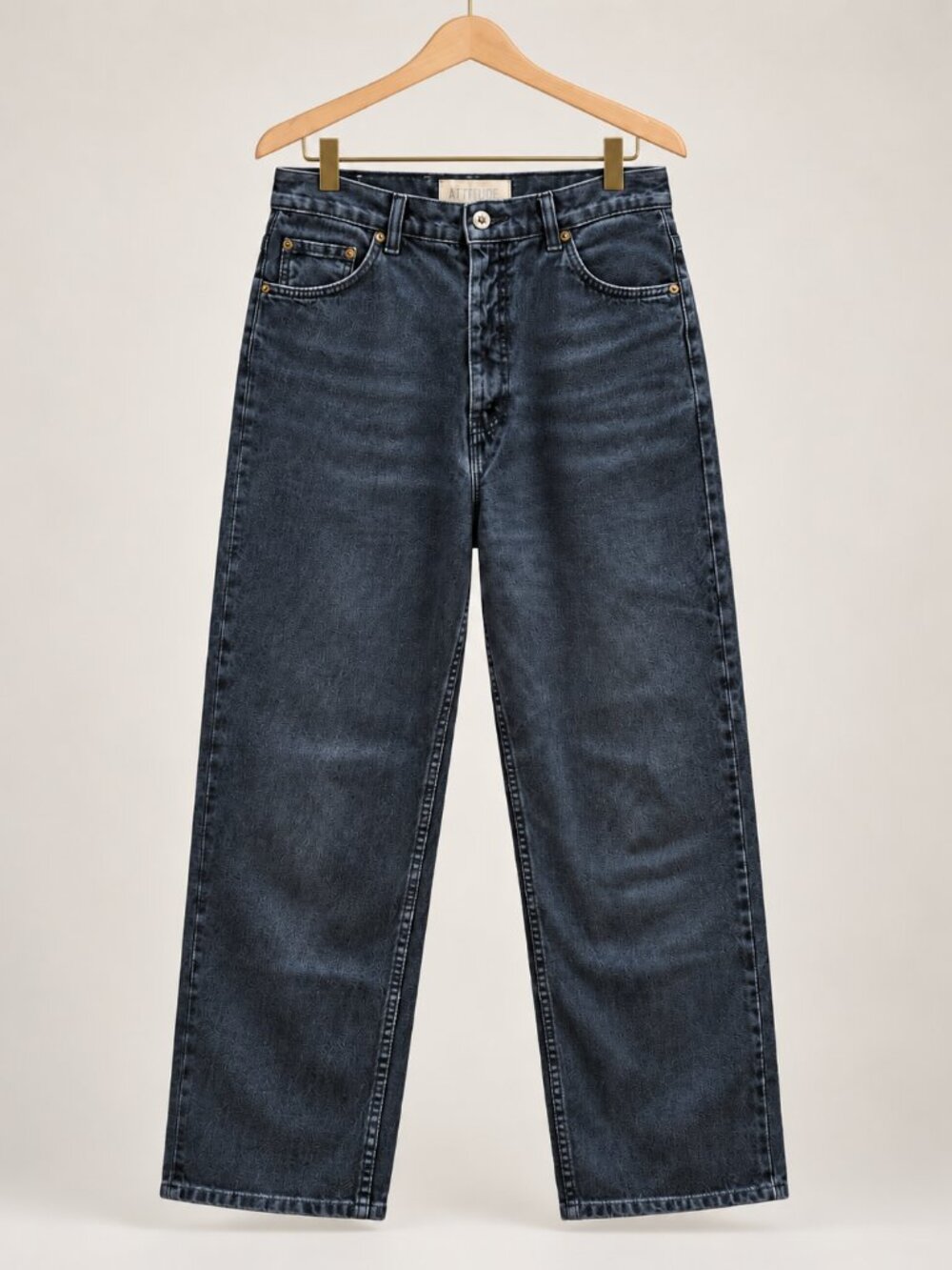 Attitude High Rise Straight Leg Jeans Dark Blue Wash Brushed Denim